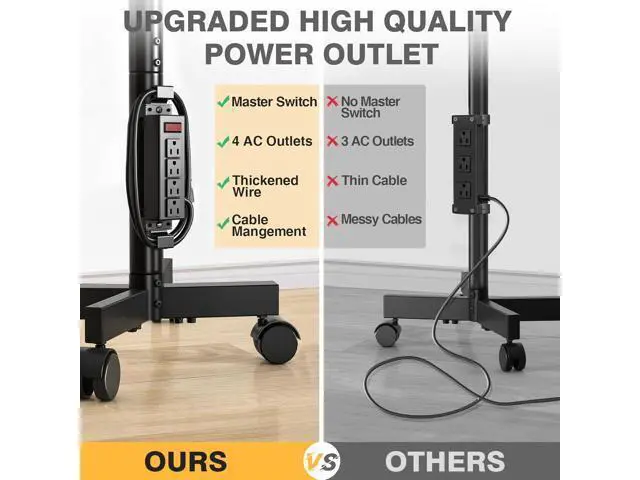 Alt view image 7 of 7 - TVON Mobile TV Stand with Power Outlet, Tilt Rolling TV Cart for 23-65 Inch LCD LED OLED Flat Curved Screen TVs up to 88 lbs, Height Adjustment Portable TV Stand on Wheels, Max VESA 400x400mm