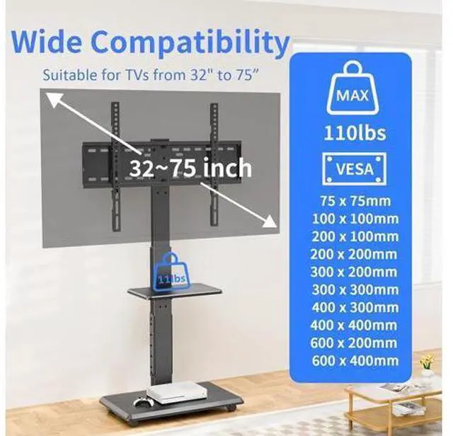 Alt view image 2 of 7 - Rolling TV Stand with Power Outlet, Mobile TV Cart for 32-75 Inch TVs up to 110 lbs, 18 Adjustable Heights, Max VESA 600x400mm, TV Floor Stand with Swivel Mount/Shelf/Wheels, Fits for Bedroom, Outdoor