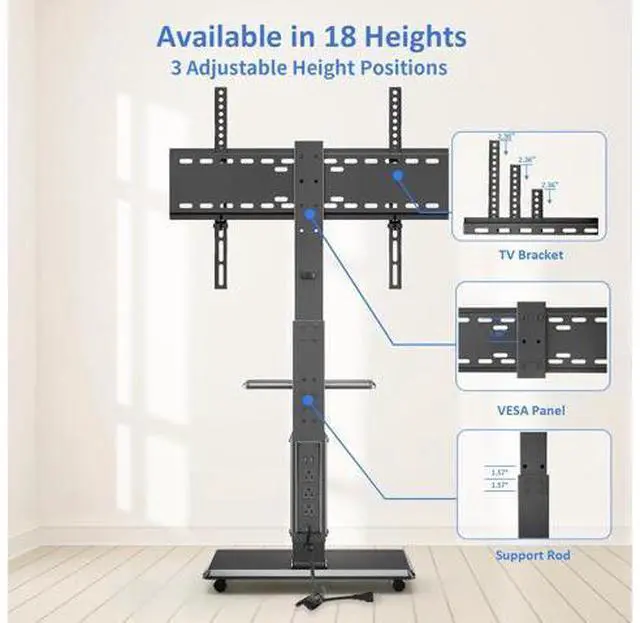 Alt view image 5 of 7 - Rolling TV Stand with Power Outlet, Mobile TV Cart for 32-75 Inch TVs up to 110 lbs, 18 Adjustable Heights, Max VESA 600x400mm, TV Floor Stand with Swivel Mount/Shelf/Wheels, Fits for Bedroom, Outdoor