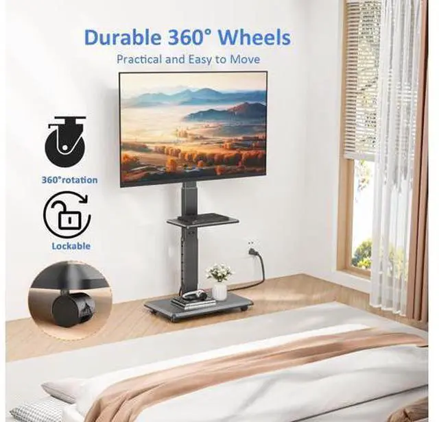 Alt view image 3 of 7 - Rolling TV Stand with Power Outlet, Mobile TV Cart for 32-75 Inch TVs up to 110 lbs, 18 Adjustable Heights, Max VESA 600x400mm, TV Floor Stand with Swivel Mount/Shelf/Wheels, Fits for Bedroom, Outdoor