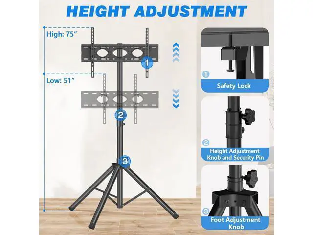 Alt view image 4 of 7 - Rfiver Tripod TV Stand, Portable TV Stand Mount for 37-80 Inch LED LCD OLED Flat/Curved Screen TVs, Height Adjustable Display Floor TV Stand, Foldable MonitorTV Stand, Holds Up to 110lbs