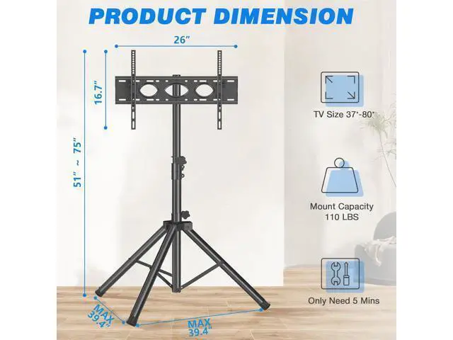 Alt view image 7 of 7 - Rfiver Tripod TV Stand, Portable TV Stand Mount for 37-80 Inch LED LCD OLED Flat/Curved Screen TVs, Height Adjustable Display Floor TV Stand, Foldable MonitorTV Stand, Holds Up to 110lbs