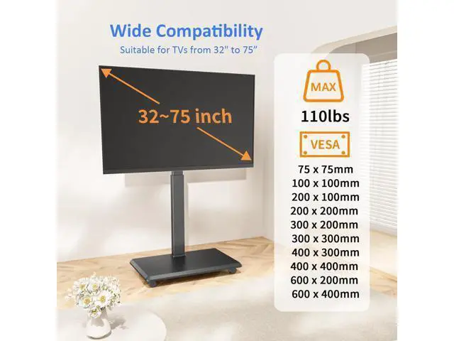 Alt view image 2 of 7 - Rolling TV Stand, Portable Mobile TV Stand for 32-75 Inch TVs up to 110 lbs, 18 Adjustable Heights, Max VESA 600x400mm, Rolling TV Cart on Wheels with Mount for Bedroom, Office, Outdoor