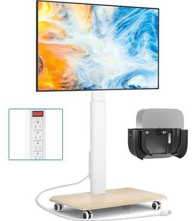 Main image of Rfiver Sleek Rolling TV Stand with Power Outlet for Home Decor, Height Adjustable Portable TV Stand on Wheels for 32-70 Inch TVs, Strong Tall Mobile TV Cart with Mount Up to 88 lbs, White
