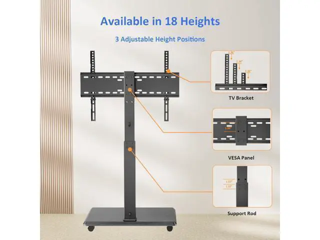 Alt view image 4 of 7 - Rolling TV Stand, Portable Mobile TV Stand for 32-75 Inch TVs up to 110 lbs, 18 Adjustable Heights, Max VESA 600x400mm, Rolling TV Cart on Wheels with Mount for Bedroom, Office, Outdoor