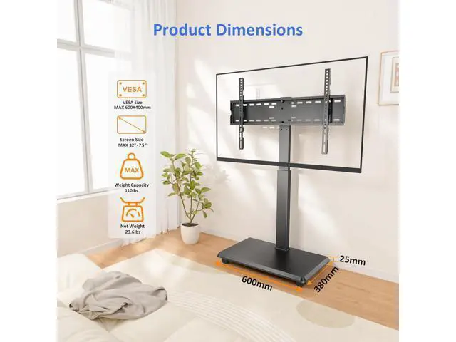 Alt view image 7 of 7 - Rolling TV Stand, Portable Mobile TV Stand for 32-75 Inch TVs up to 110 lbs, 18 Adjustable Heights, Max VESA 600x400mm, Rolling TV Cart on Wheels with Mount for Bedroom, Office, Outdoor