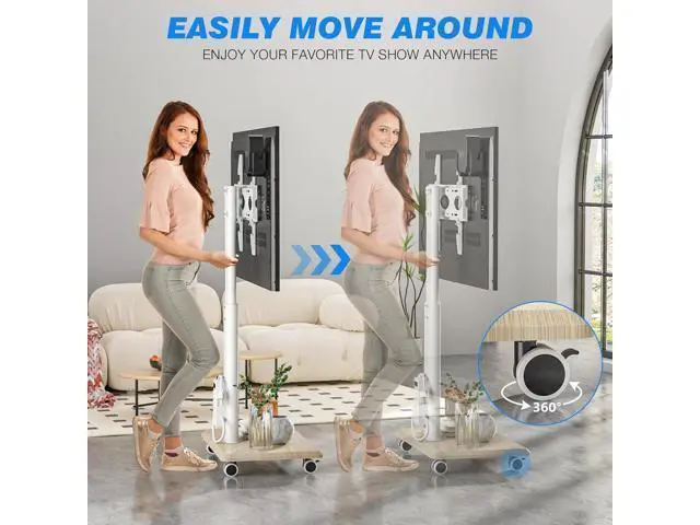 Alt view image 6 of 7 - Rfiver Sleek Rolling TV Stand with Power Outlet for Home Decor, Height Adjustable Portable TV Stand on Wheels for 32-70 Inch TVs, Strong Tall Mobile TV Cart with Mount Up to 88 lbs, White