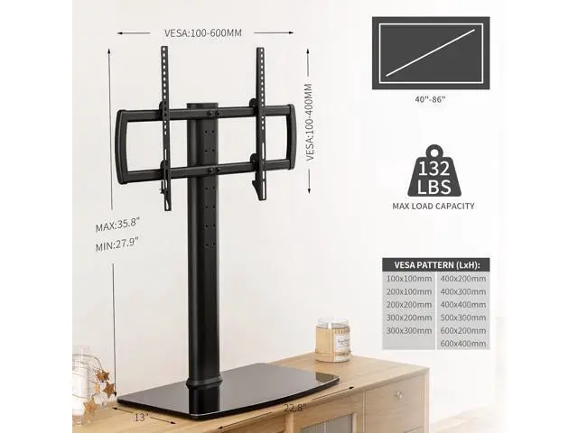 Alt view image 4 of 7 - Universal TV Stand/Base Tabletop TV Stand with Wall Mount for 40 to 86 inch 5 Level Height Adjustable, Heavy Duty Tempered Glass Base, Holds up to 132lbs Screens, HT03B-003