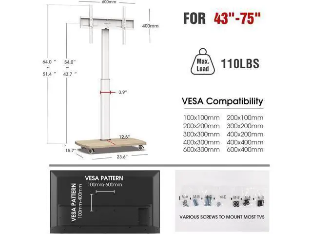Alt view image 2 of 7 - Rolling TV Stand for 43 50 55 60 65 70 75 Inch TVs, Portable Mobile TV Stand on Wheels, 10-Level Height Adjustable TV Cart with Swivel & Tilt Mount for Bedroom/Living Room/Office/Corner