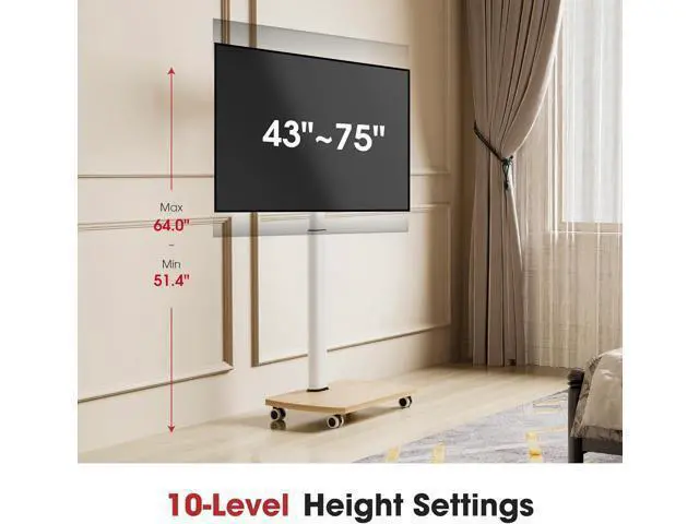 Alt view image 4 of 7 - Rolling TV Stand for 43 50 55 60 65 70 75 Inch TVs, Portable Mobile TV Stand on Wheels, 10-Level Height Adjustable TV Cart with Swivel & Tilt Mount for Bedroom/Living Room/Office/Corner