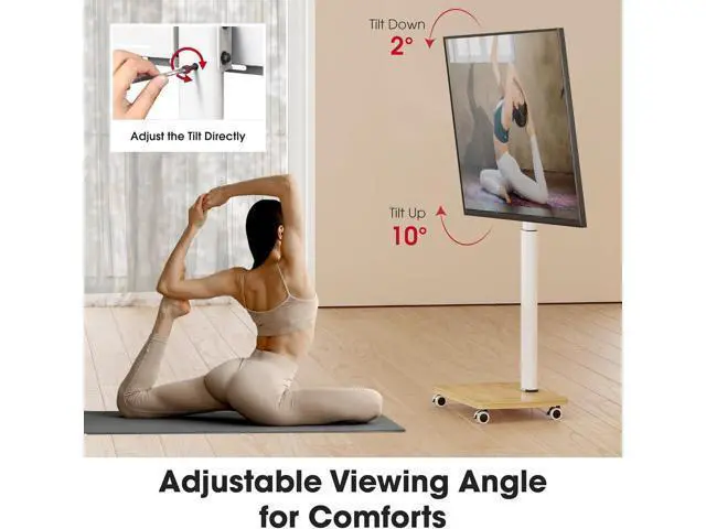 Alt view image 5 of 7 - Rolling TV Stand for 43 50 55 60 65 70 75 Inch TVs, Portable Mobile TV Stand on Wheels, 10-Level Height Adjustable TV Cart with Swivel & Tilt Mount for Bedroom/Living Room/Office/Corner