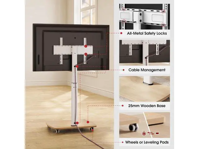 Alt view image 7 of 7 - Rolling TV Stand for 43 50 55 60 65 70 75 Inch TVs, Portable Mobile TV Stand on Wheels, 10-Level Height Adjustable TV Cart with Swivel & Tilt Mount for Bedroom/Living Room/Office/Corner