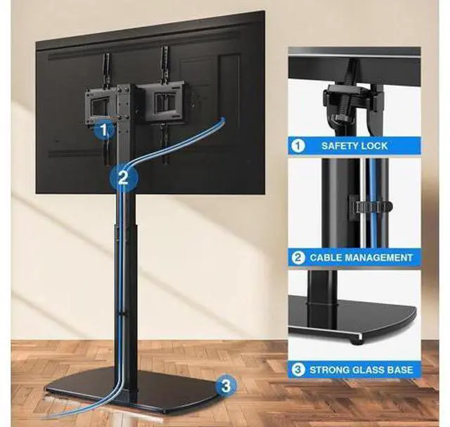 Alt view image 6 of 7 - YOMT Universal TV Floor Stand with Mount for 27-70 Inch LCD LED OLED TVs, Swivel Height Adjustable Tall TV Stand, Space Saving Design for Corner Bedroom Living Room, Black