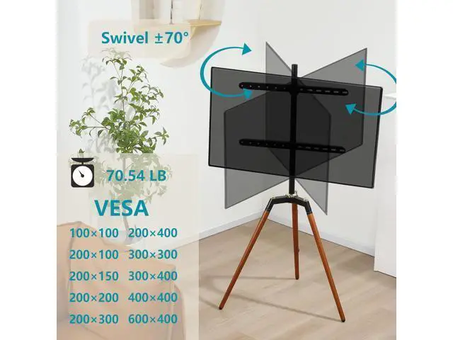 Alt view image 2 of 6 - Universal Tripod Easel TV Stand for 32-65 inch LED LCD Screen Flat Curved Screen, Height Adjustable Studio TV Display Stand with 140° Swivel for Bedroom, Living Room, Corner TV Stand