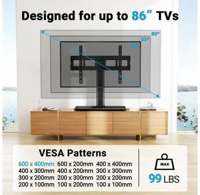 Alt view image 2 of 7 - PERLESMITH Swivel Universal TV Stand Mount for 32-86 Inch LCD OLED Flat/Curved Screen TVs up to 99lbs-Height Adjustable Table Top TV Stand/Base with Tempered Glass Base&Wire Management,VESA 600x400mm