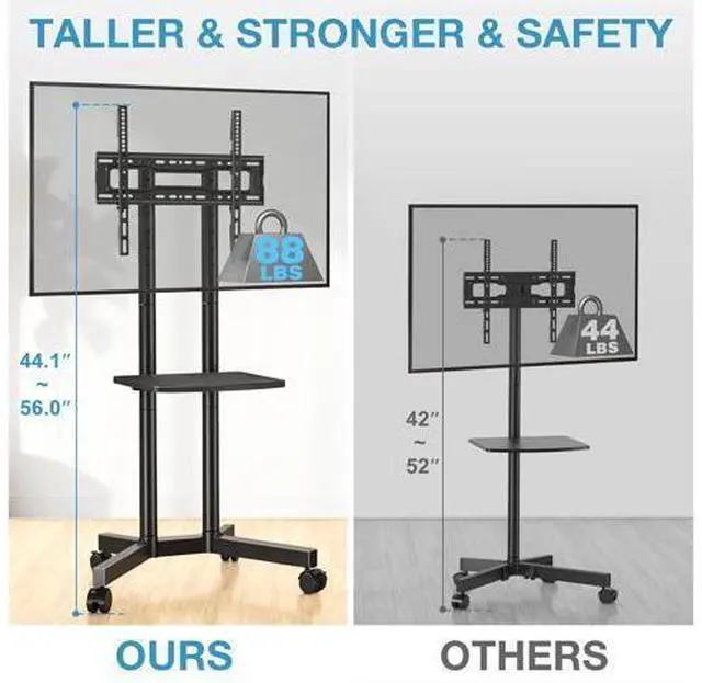 Alt view image 2 of 7 - YOMT Portable Rolling TV Stand for 32-75 inch TVs, Height Adjustable Mobile TV Cart with Locking Casters, Heavy Duty Universal TV Stand On Wheels with Removable Shelf for Living Room, Bedroom, Office