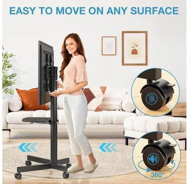 Alt view image 4 of 7 - YOMT Portable Rolling TV Stand for 32-75 inch TVs, Height Adjustable Mobile TV Cart with Locking Casters, Heavy Duty Universal TV Stand On Wheels with Removable Shelf for Living Room, Bedroom, Office