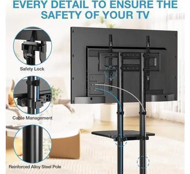 Alt view image 5 of 7 - YOMT Portable Rolling TV Stand for 32-75 inch TVs, Height Adjustable Mobile TV Cart with Locking Casters, Heavy Duty Universal TV Stand On Wheels with Removable Shelf for Living Room, Bedroom, Office