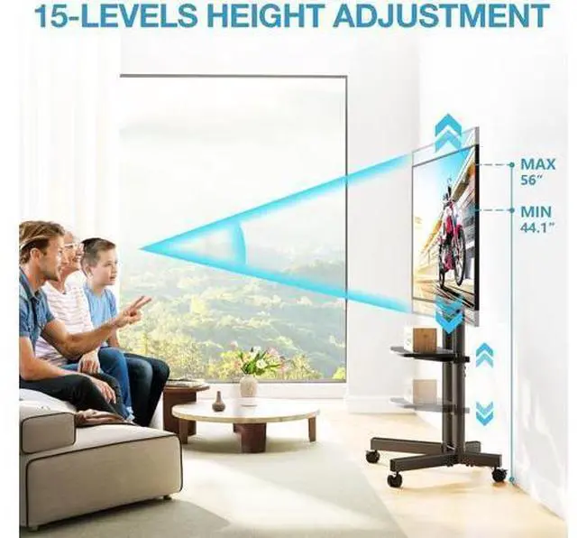 Alt view image 7 of 7 - YOMT Portable Rolling TV Stand for 32-75 inch TVs, Height Adjustable Mobile TV Cart with Locking Casters, Heavy Duty Universal TV Stand On Wheels with Removable Shelf for Living Room, Bedroom, Office