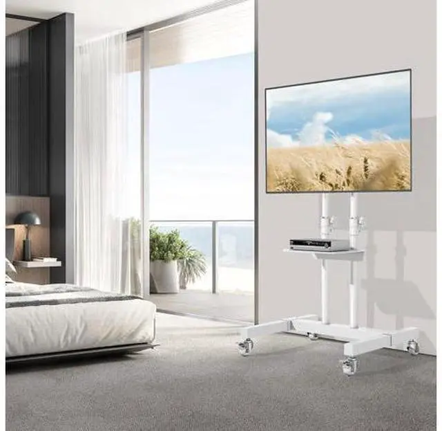 Alt view image 2 of 7 - TVON Upgraded Mobile TV Stand on Wheels for 32-80 inch Flat Screen/Curved TVs up to 110 lbs, Height Adjustable Mobile TV Cart with Metal Laptop Shelf, Rolling TV Stand for Home and Office Use,White