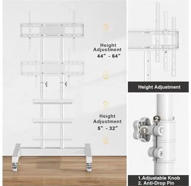 Alt view image 5 of 7 - TVON Upgraded Mobile TV Stand on Wheels for 32-80 inch Flat Screen/Curved TVs up to 110 lbs, Height Adjustable Mobile TV Cart with Metal Laptop Shelf, Rolling TV Stand for Home and Office Use,White