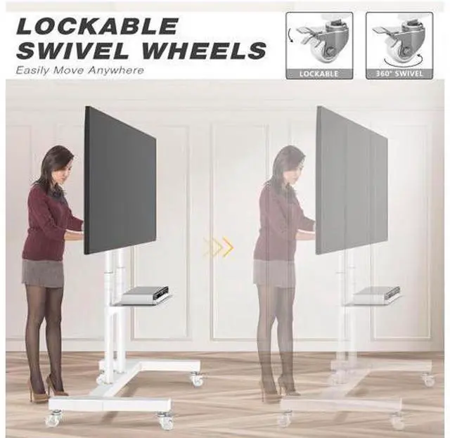 Alt view image 4 of 7 - TVON Upgraded Mobile TV Stand on Wheels for 32-80 inch Flat Screen/Curved TVs up to 110 lbs, Height Adjustable Mobile TV Cart with Metal Laptop Shelf, Rolling TV Stand for Home and Office Use,White