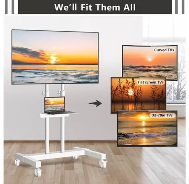 Alt view image 7 of 7 - TVON Upgraded Mobile TV Stand on Wheels for 32-80 inch Flat Screen/Curved TVs up to 110 lbs, Height Adjustable Mobile TV Cart with Metal Laptop Shelf, Rolling TV Stand for Home and Office Use,White