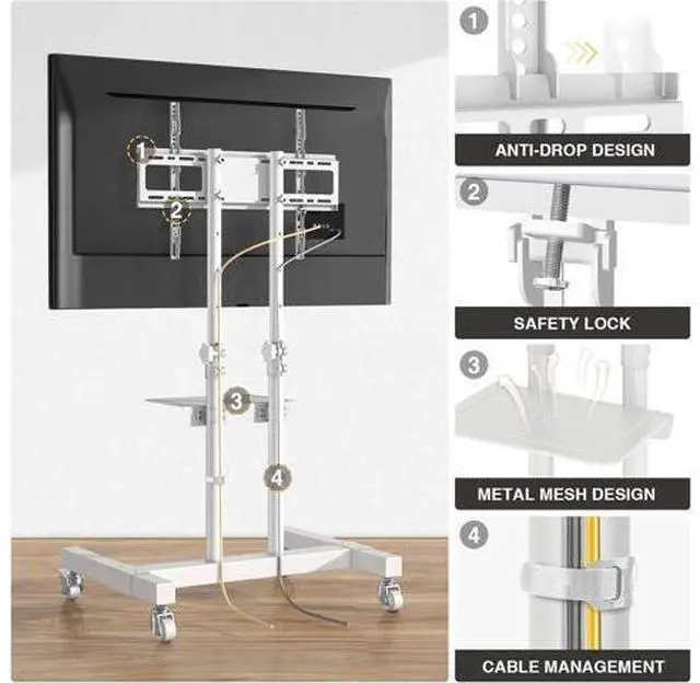 Alt view image 6 of 7 - TVON Upgraded Mobile TV Stand on Wheels for 32-80 inch Flat Screen/Curved TVs up to 110 lbs, Height Adjustable Mobile TV Cart with Metal Laptop Shelf, Rolling TV Stand for Home and Office Use,White