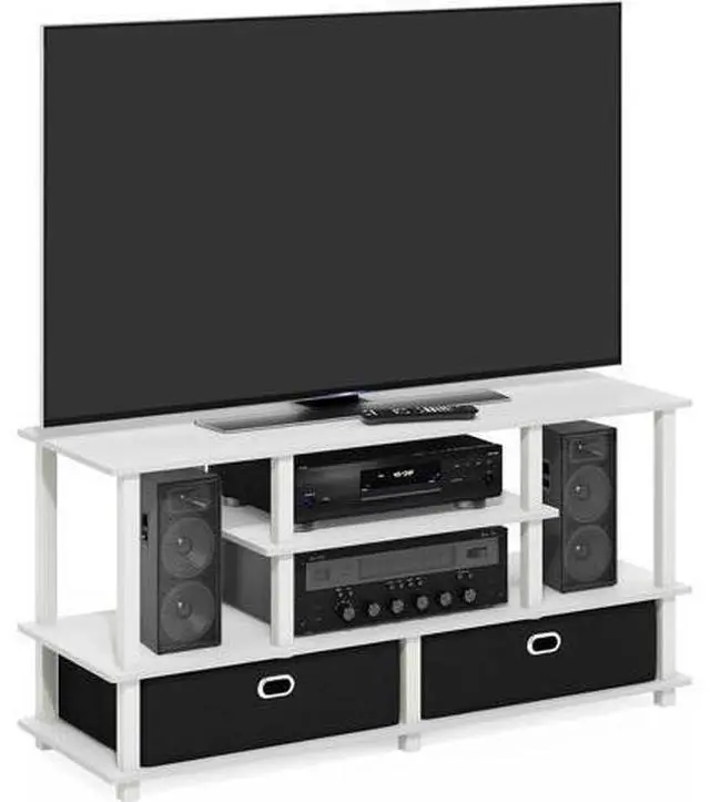 Main image of Furinno Jaya TV Stand, 4-Tier Entertainment Center with Open Shelf, TV Console for TV up to 55 Inch with 2 Storage Bins, Toolless Assembly, for Living Room, Bedroom, White