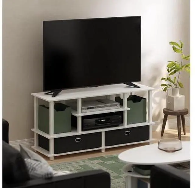 Alt view image 2 of 6 - Furinno Jaya TV Stand, 4-Tier Entertainment Center with Open Shelf, TV Console for TV up to 55 Inch with 2 Storage Bins, Toolless Assembly, for Living Room, Bedroom, White