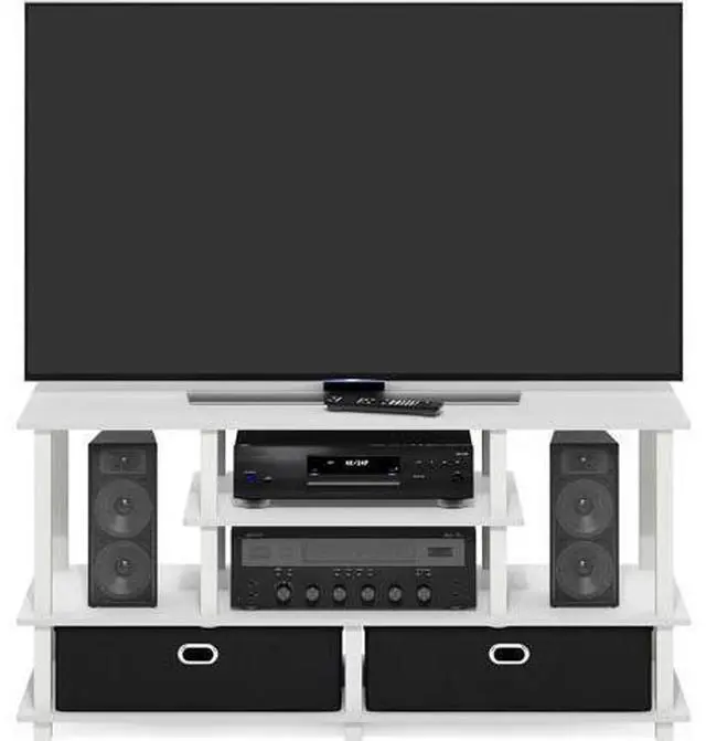 Alt view image 3 of 6 - Furinno Jaya TV Stand, 4-Tier Entertainment Center with Open Shelf, TV Console for TV up to 55 Inch with 2 Storage Bins, Toolless Assembly, for Living Room, Bedroom, White