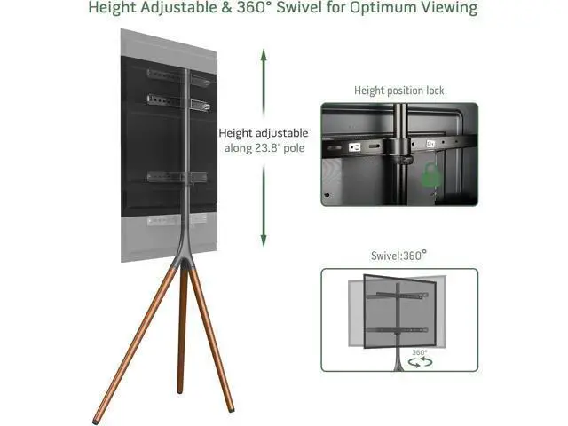 Alt view image 5 of 7 - Easel TV Stand with Tripod Base for 45-65 inch Flat Screen up to 77lbs, Height Adjustable TV Stand Tripod for Living Room w/Cable Ties, 180°Swivel, Black