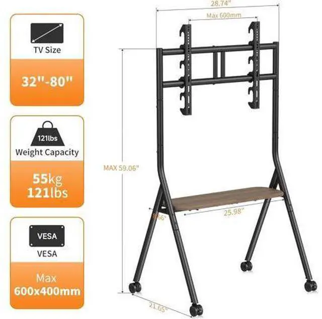 Alt view image 3 of 7 - Easel Rolling TV Stand for 32-80 Inch TV up to 121lbs, Mobile Portable TV Cart with Wheels Minimalist for Home Office Living Room, Max 600x400mm VESA, Black ML5C