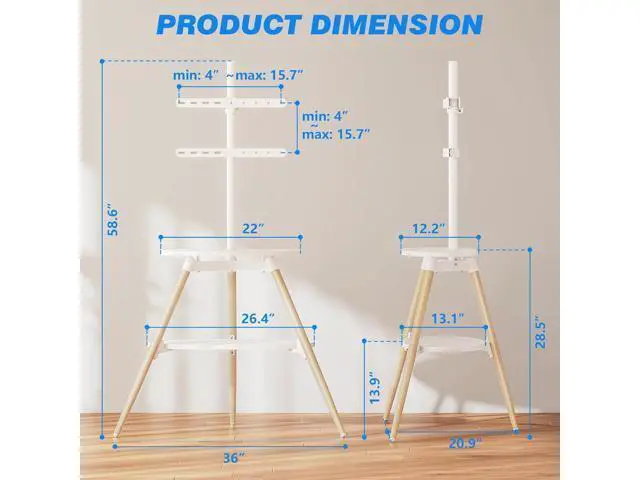 Alt view image 3 of 7 - Rfiver Easel TV Stand for 32 to 65 Inch TVs, Height Adjustable & 180° Swivel Tripod TV Stand up to 88 lbs, Minimalist Corner TV Floor Stand with Storage Shelf for Bedroom, Living Room, Studio