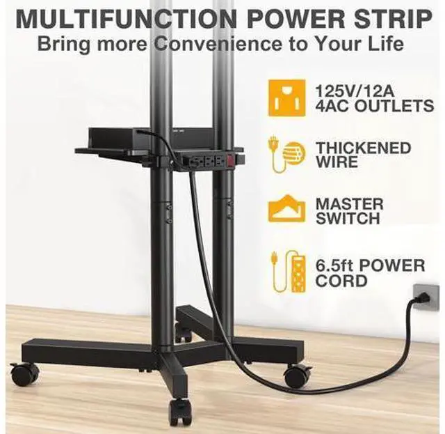 Alt view image 2 of 7 - TVON Rolling TV Stand with Power Outlet for 32-75 Inch LCD LED OLED Flat Curved Screen TVs up to 88 lbs, Portable TV Stand on Wheels and Height Adjustment Max VESA 400x400mm