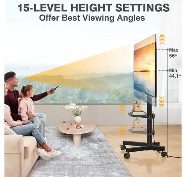 Alt view image 3 of 7 - TVON Rolling TV Stand with Power Outlet for 32-75 Inch LCD LED OLED Flat Curved Screen TVs up to 88 lbs, Portable TV Stand on Wheels and Height Adjustment Max VESA 400x400mm