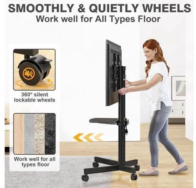 Alt view image 4 of 7 - TVON Rolling TV Stand with Power Outlet for 32-75 Inch LCD LED OLED Flat Curved Screen TVs up to 88 lbs, Portable TV Stand on Wheels and Height Adjustment Max VESA 400x400mm