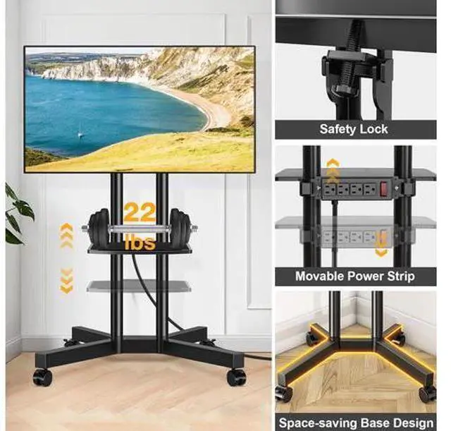 Alt view image 5 of 7 - TVON Rolling TV Stand with Power Outlet for 32-75 Inch LCD LED OLED Flat Curved Screen TVs up to 88 lbs, Portable TV Stand on Wheels and Height Adjustment Max VESA 400x400mm