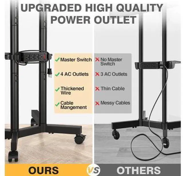 Alt view image 6 of 7 - TVON Rolling TV Stand with Power Outlet for 32-75 Inch LCD LED OLED Flat Curved Screen TVs up to 88 lbs, Portable TV Stand on Wheels and Height Adjustment Max VESA 400x400mm