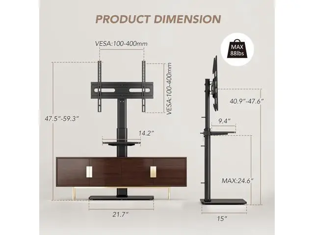 Alt view image 5 of 7 - AX WABER Universal Floor TV Stand with Mount 70 Degree Swivel 9 Level Height Adjustable and Space Saving Design for Most 27 to 65 inch LCD, LED OLED TVs One Shelf