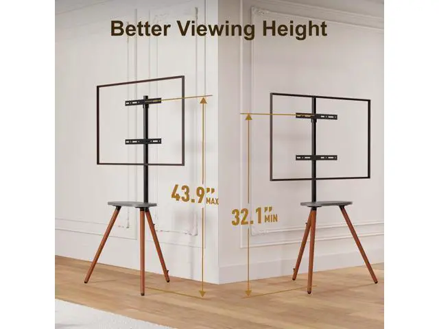 Alt view image 3 of 7 - Tripod Easel TV Stand for 43 to 65 Inch LCD LED OLED Screen, Height Adjustable and Swievel TV Stand, Portable Corner TV Floor Stand with Wooden Tray, VESA 400x400mm, Minimalist Black Walnut