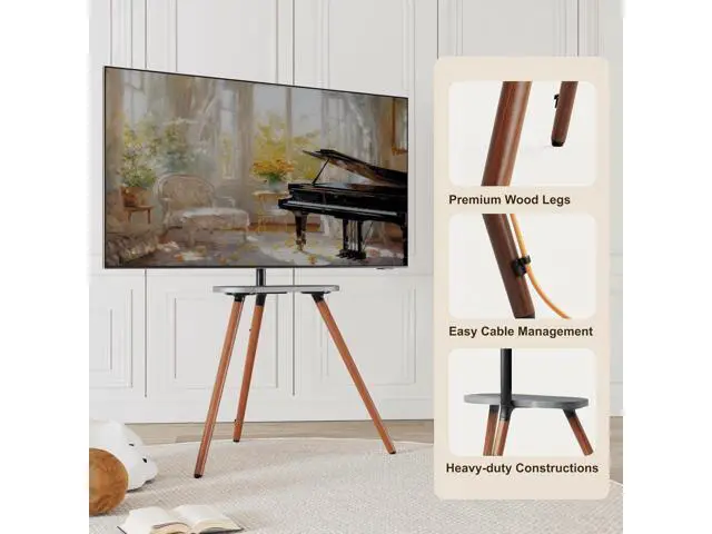 Alt view image 5 of 7 - Tripod Easel TV Stand for 43 to 65 Inch LCD LED OLED Screen, Height Adjustable and Swievel TV Stand, Portable Corner TV Floor Stand with Wooden Tray, VESA 400x400mm, Minimalist Black Walnut