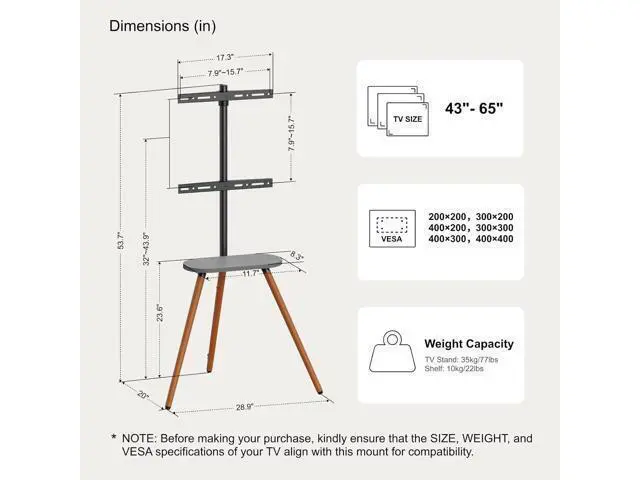Alt view image 7 of 7 - Tripod Easel TV Stand for 43 to 65 Inch LCD LED OLED Screen, Height Adjustable and Swievel TV Stand, Portable Corner TV Floor Stand with Wooden Tray, VESA 400x400mm, Minimalist Black Walnut