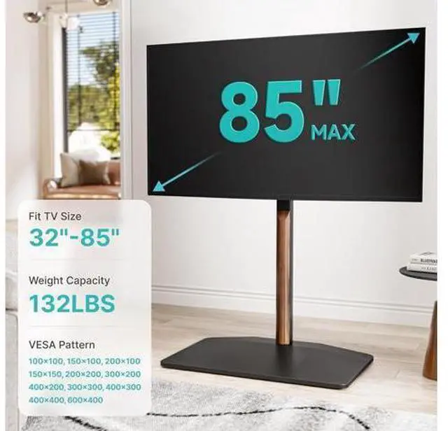 Alt view image 3 of 7 - Universal Swivel TV Stand with Wood for 32-85 Inch LCD LED OLED Screen, Holds 132 Lbs, Height Adjustable Floor TV Stand, Max VESA 600 * 400mm, Black, for Bedroom Living Room