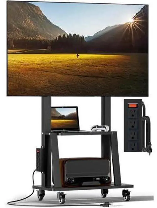 Main image of Mobile TV Cart with Power Outlet, Rolling TV Stand on Wheels for 32-75 inch Television, Mobile TV Stand Height Adjustable,15° Adjustable Viewing Angle,Max 130LBS, Vesa max 600×400