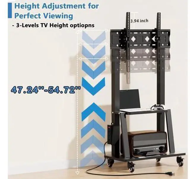 Alt view image 4 of 7 - Mobile TV Cart with Power Outlet, Rolling TV Stand on Wheels for 32-75 inch Television, Mobile TV Stand Height Adjustable,15° Adjustable Viewing Angle,Max 130LBS, Vesa max 600×400
