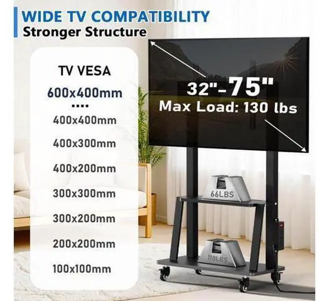 Alt view image 3 of 7 - Mobile TV Cart with Power Outlet, Rolling TV Stand on Wheels for 32-75 inch Television, Mobile TV Stand Height Adjustable,15° Adjustable Viewing Angle,Max 130LBS, Vesa max 600×400