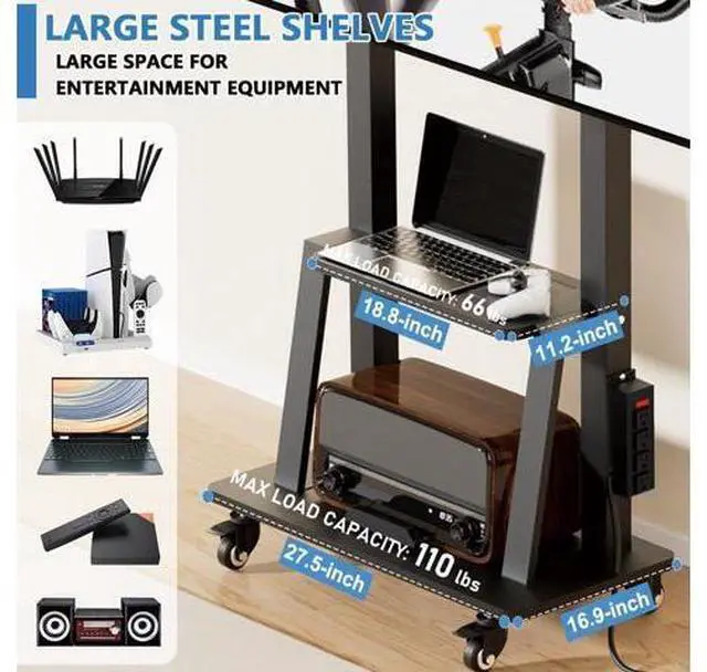 Alt view image 5 of 7 - Mobile TV Cart with Power Outlet, Rolling TV Stand on Wheels for 32-75 inch Television, Mobile TV Stand Height Adjustable,15° Adjustable Viewing Angle,Max 130LBS, Vesa max 600×400