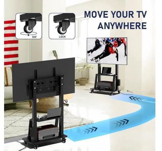 Alt view image 6 of 7 - Mobile TV Cart with Power Outlet, Rolling TV Stand on Wheels for 32-75 inch Television, Mobile TV Stand Height Adjustable,15° Adjustable Viewing Angle,Max 130LBS, Vesa max 600×400