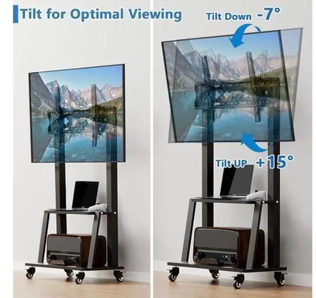 Alt view image 7 of 7 - Mobile TV Cart with Power Outlet, Rolling TV Stand on Wheels for 32-75 inch Television, Mobile TV Stand Height Adjustable,15° Adjustable Viewing Angle,Max 130LBS, Vesa max 600×400